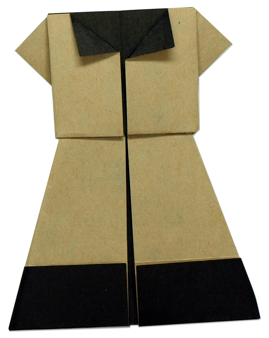 beige origami dress with black trim