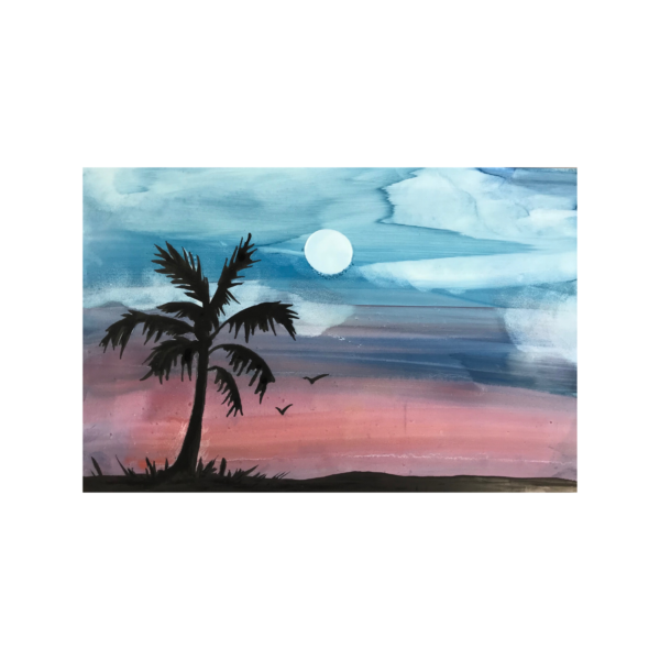 Multimedia beach scene painted on mineral paper
