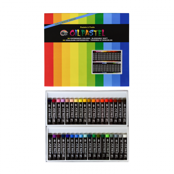 Niji oil pastels box lid and inner tray with 36 oil pastel colors