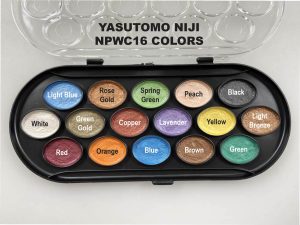 Niji pearlescent 16 color watercolors tray with color names written over each pan