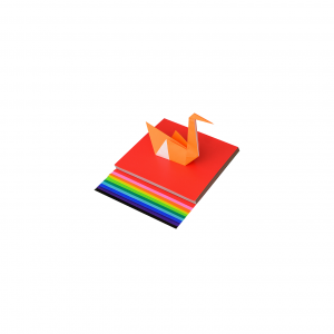 stack of origami sheets with an origami bird on top