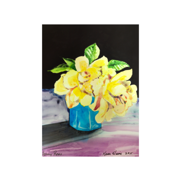 Yellow flowers in blue vase on mineral paper