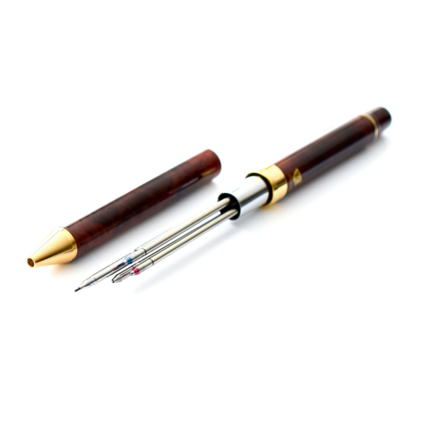 Close up showing internal mechanism of QuadPoint Twist Pen in Brown Marble