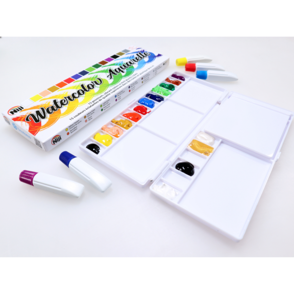 Side angle image of NNC15 box and palette filled with NNC15 paints, and various NNC15 tubes surrounding it