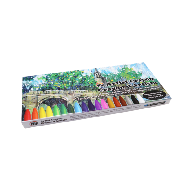 Image of Niji Artist Crayon 18 color set box, showing a drawing of a bridge with rainbow crayon tips displayed on bottom