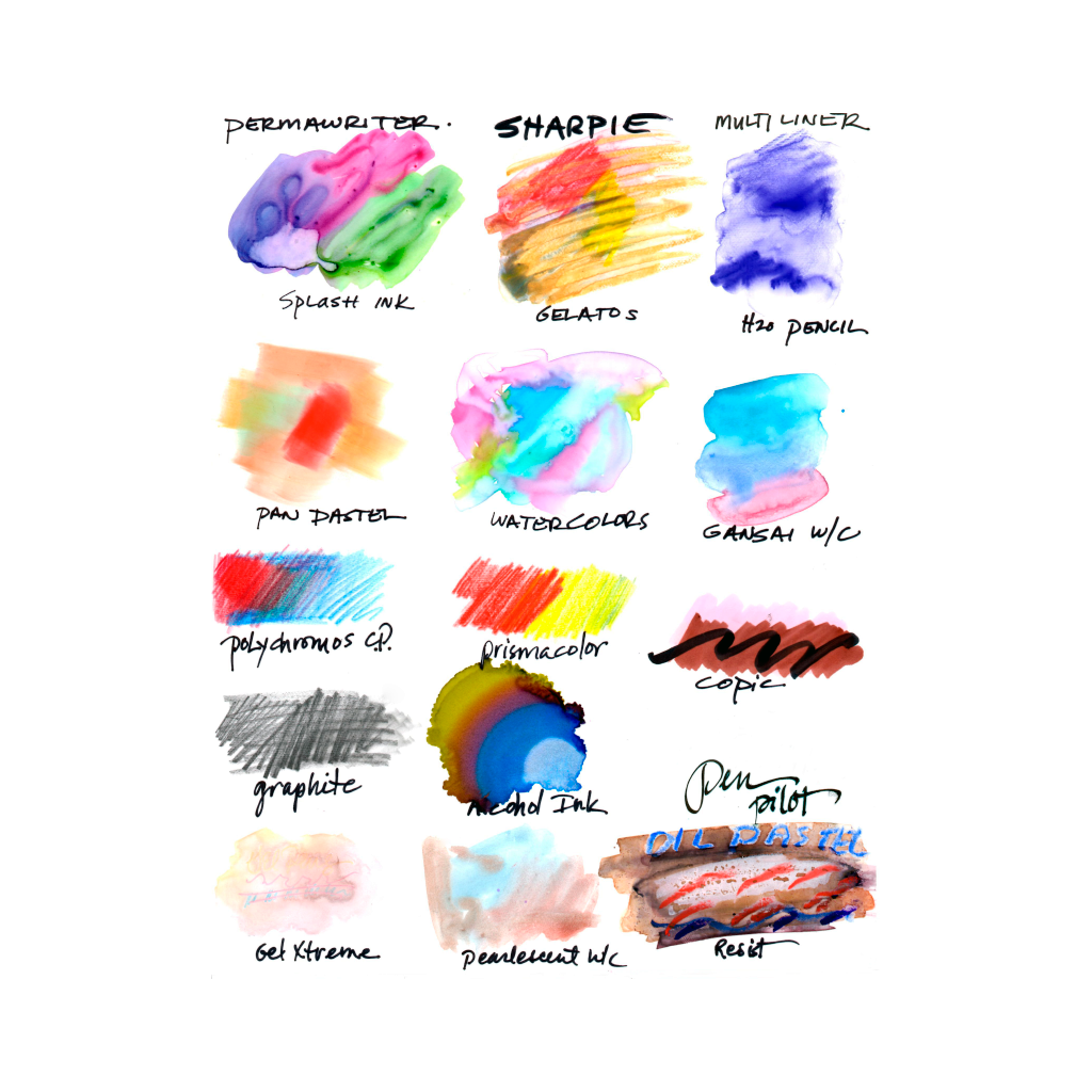 swatches of different mediums on mineral paper