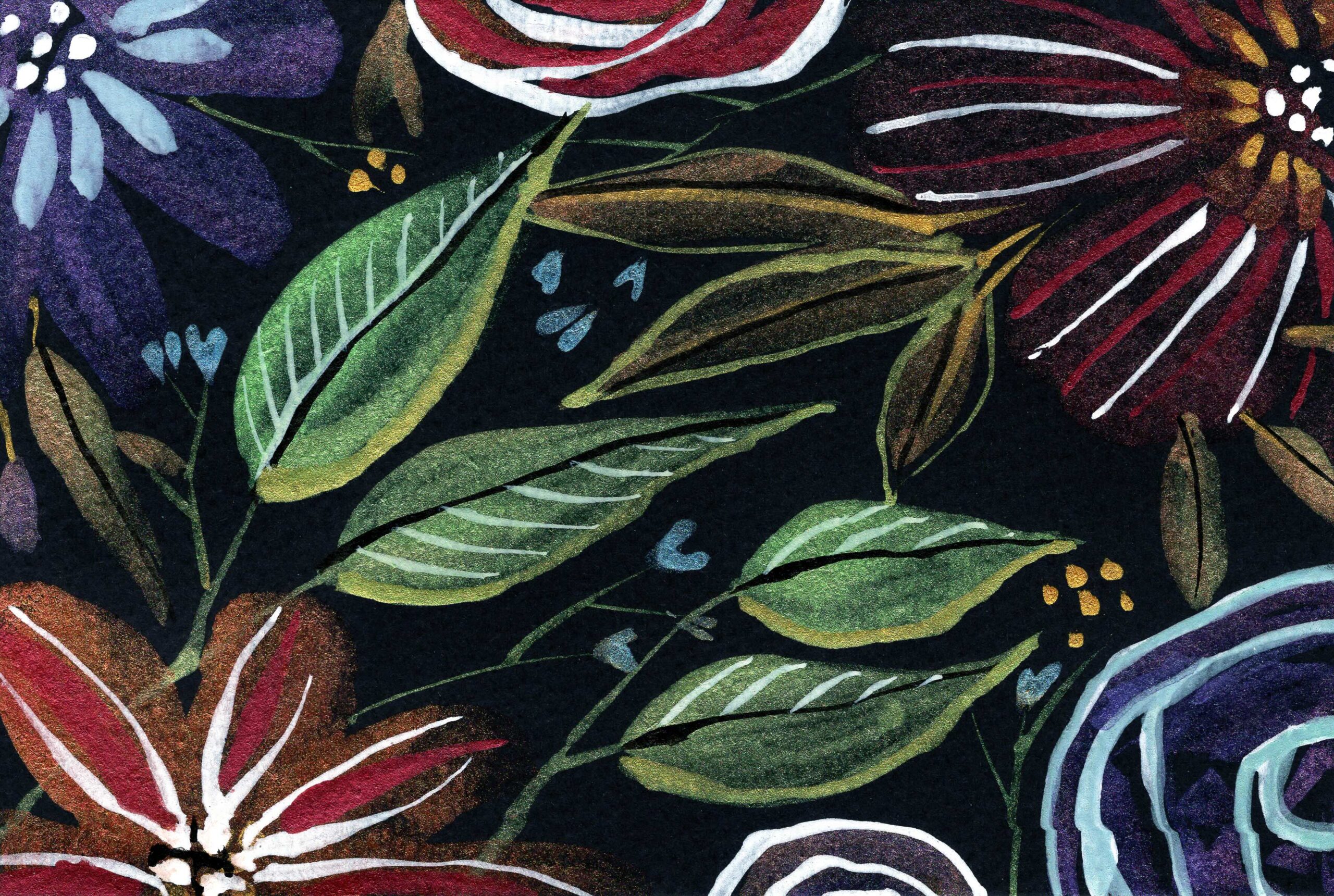 colorful metallic florals painting on black watercolor paper