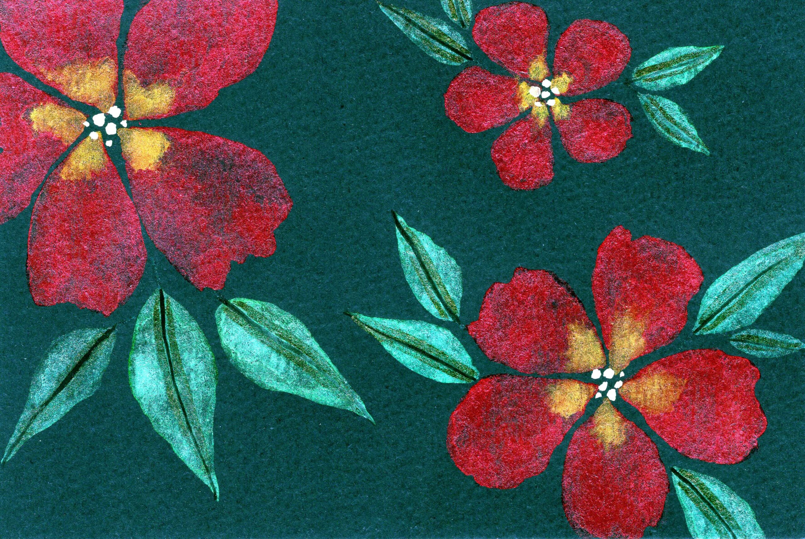 red metallic florals painting on black watercolor paper