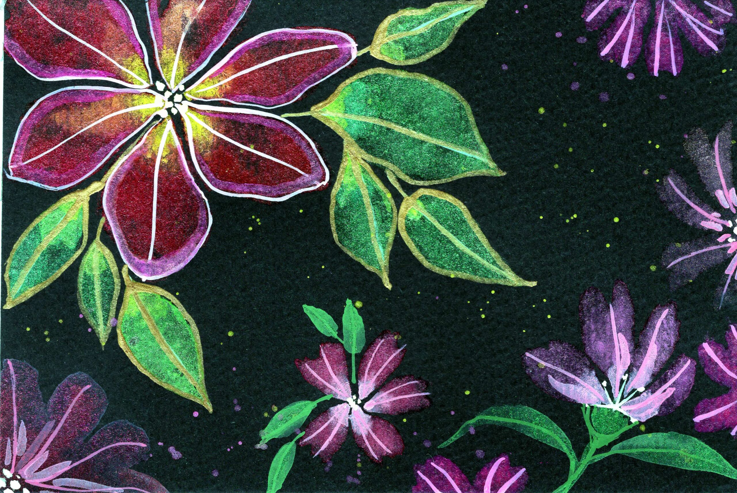 colorful metallic florals painting on black watercolor paper