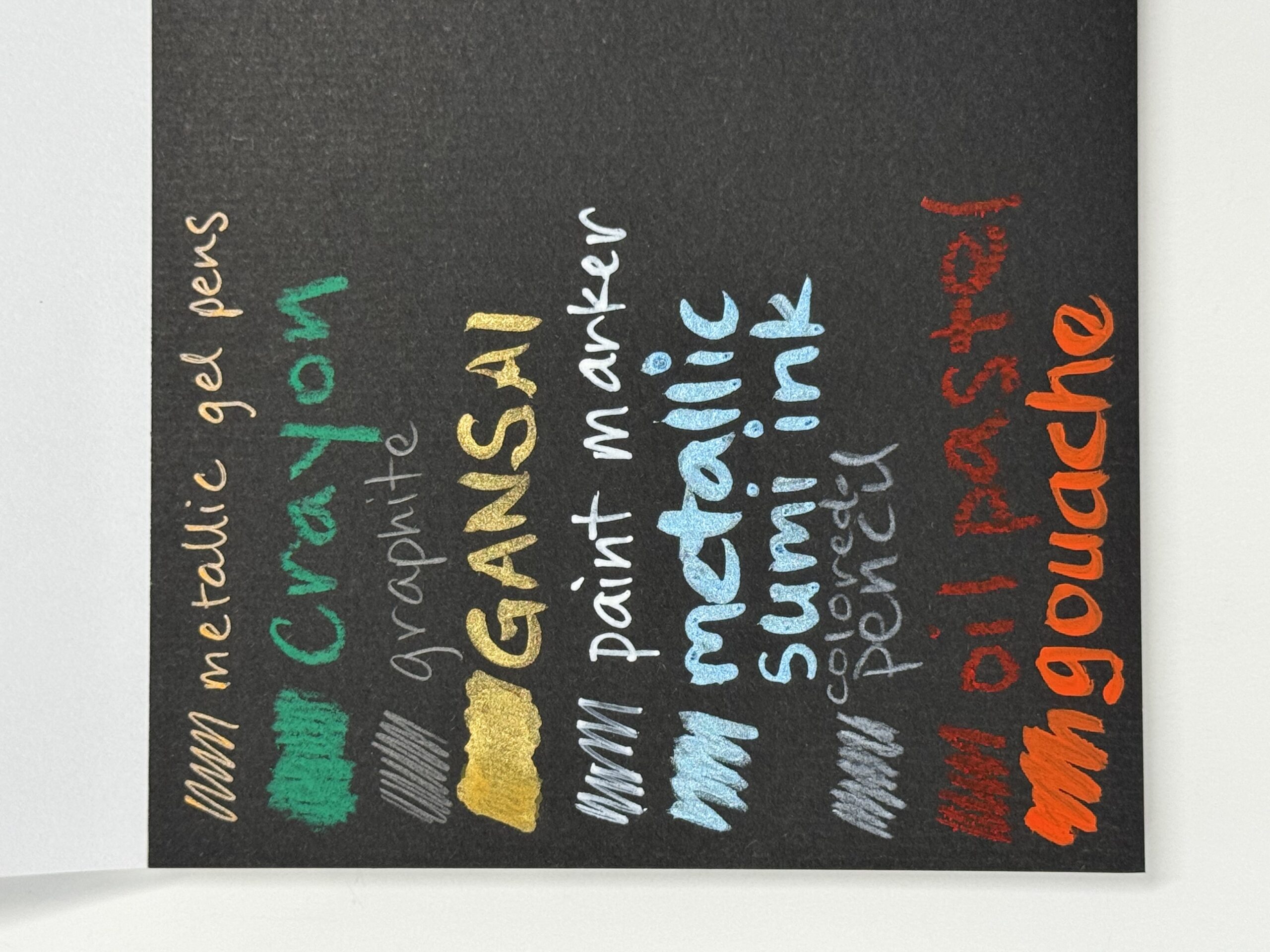 swatches of various mediums on niji black watercolor paper