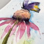 watercolor painting of a purple and yellow butterfly on a pink flower