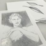 silverpoint drawing of a dancer and silverpoint leaves in the background