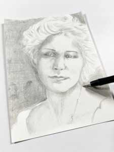 silverpoint portrait of a woman with the tip of a silverpoint tool shown drawing picture