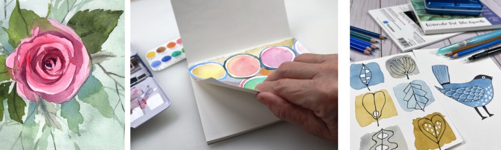 watercolor rose painting to the left, watercolor paper pad with a hand tearing off the top sheet, and a picture of watercolor doodles on the right