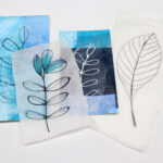 blue leaf collages and leaf line drawings on usugami