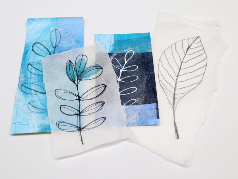 blue leaf collages and leaf line drawings on usugami