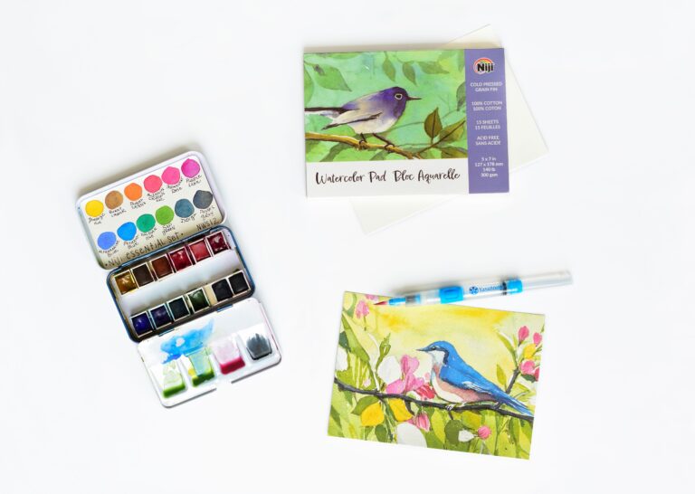 watercolor paper pad, open watercolor set with swatch card, waterbrush and bird watercolor painting