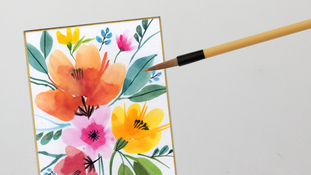 gansai floral painting on a shikishi board with Wa fude brush to the side