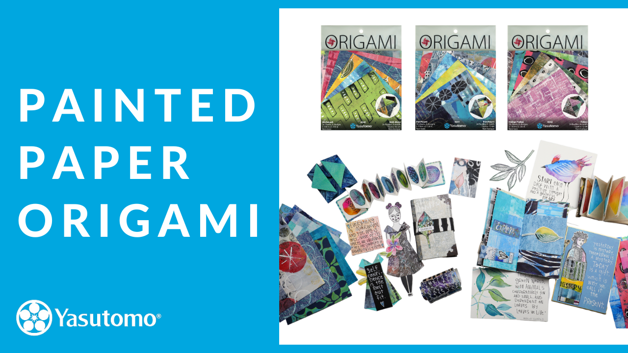 title cover image of three painted papers origami packs in packaging and array of origami and paper crafts below