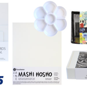 mineral paper boards, mashi hosho paper, seven section plastic flower palette, tag book kit and suminagashi kit