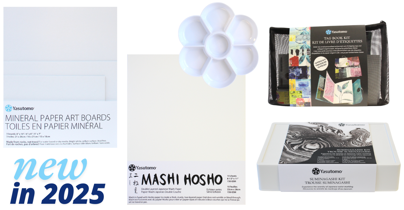 mineral paper boards, mashi hosho paper, seven section plastic flower palette, tag book kit and suminagashi kit