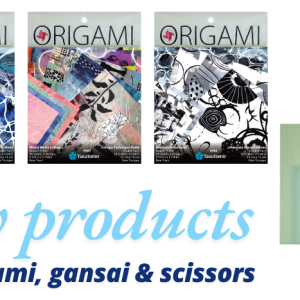 picture of three origami packs, scissors and gansai paints with the header "new products: origami, gansai and scissors"