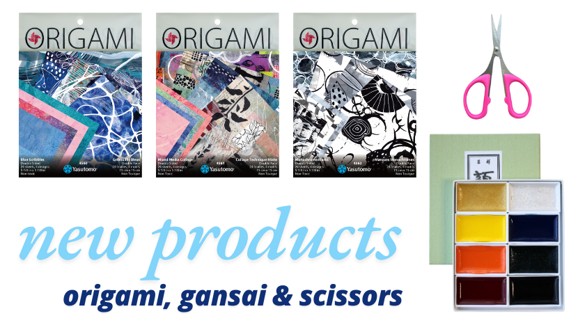 picture of three origami packs, scissors and gansai paints with the header "new products: origami, gansai and scissors"