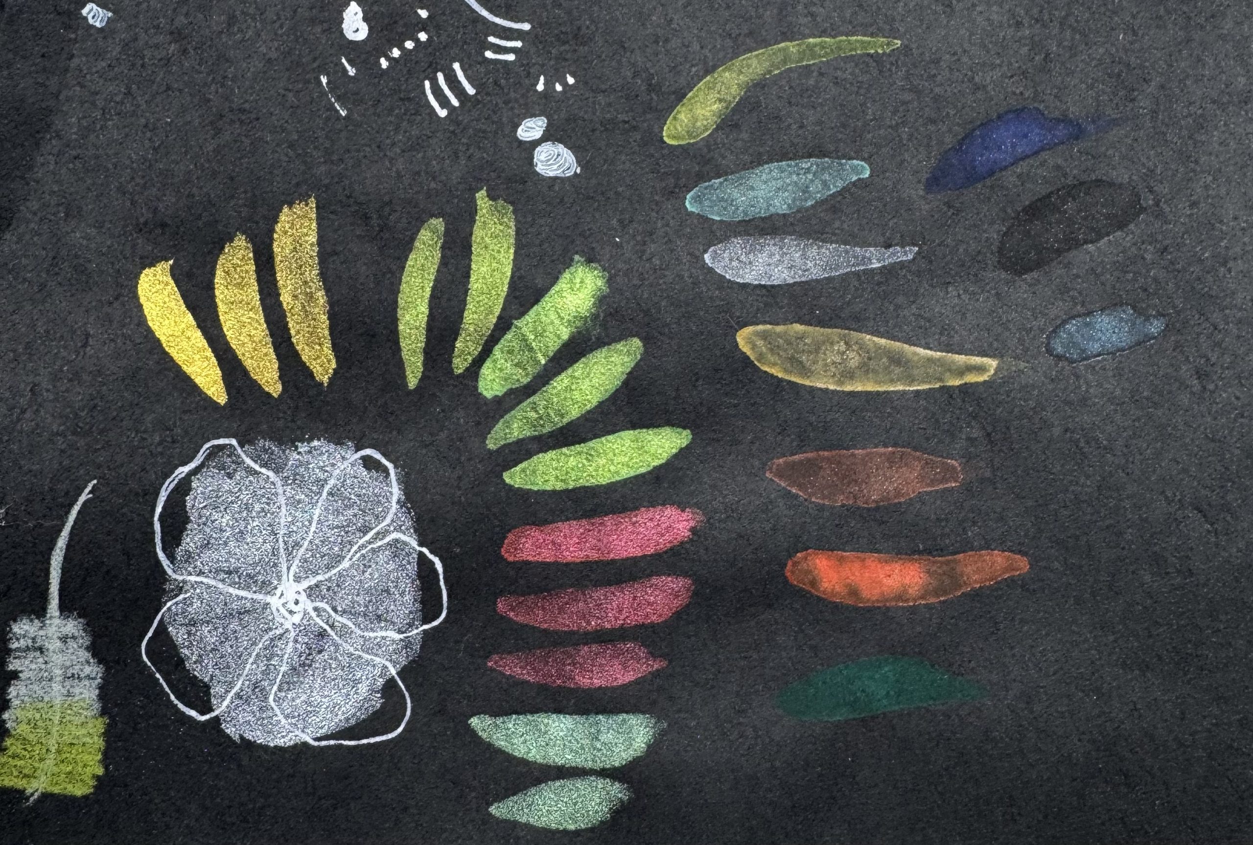 gansai colors swatched onto black washi paper