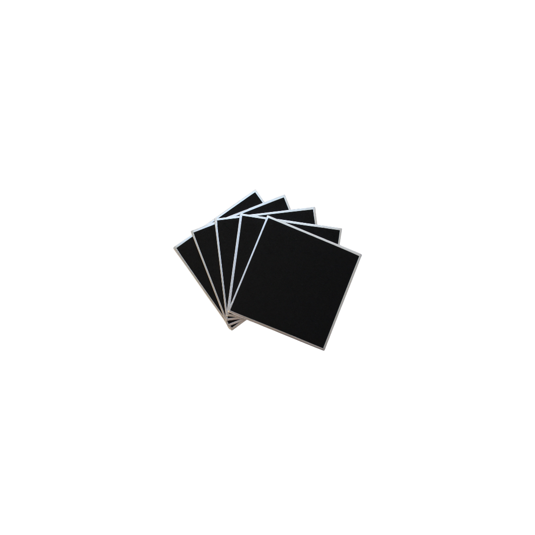 five square, black shikishi boards with silver foil edges fanned out