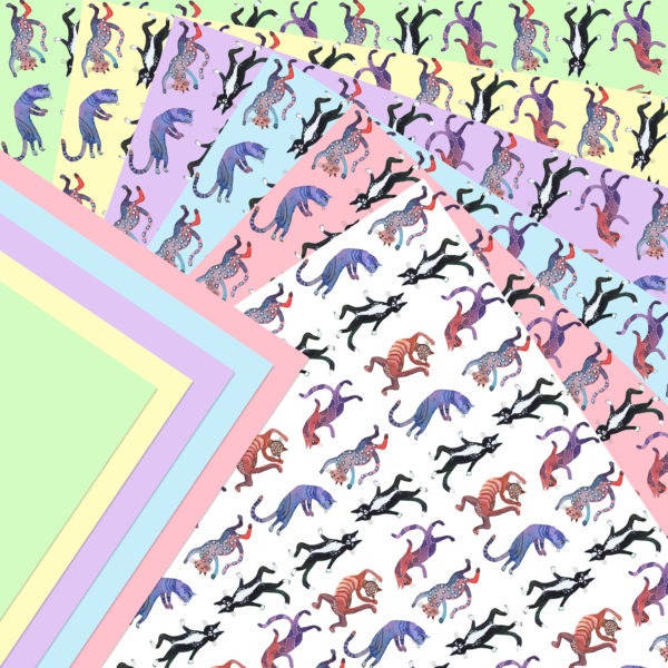 dancing cats origami papers fanned out showing different sheet colors