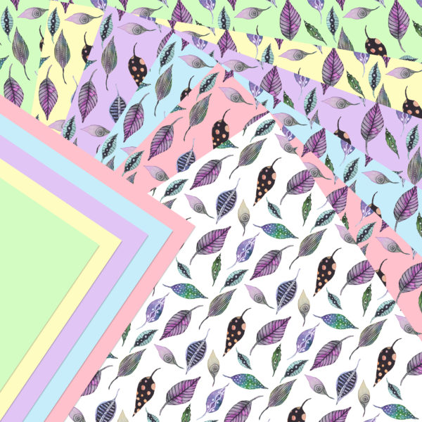 watercolor leaves origami papers fanned out showing different sheet colors