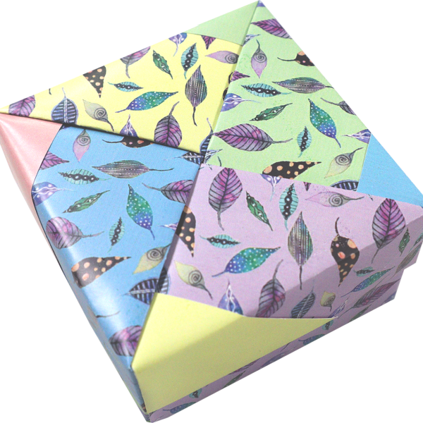 origami box made out of watercolor leaves origami paper