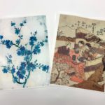 printed images on Asagami paper of blue flowers and traditional Japansese drawing