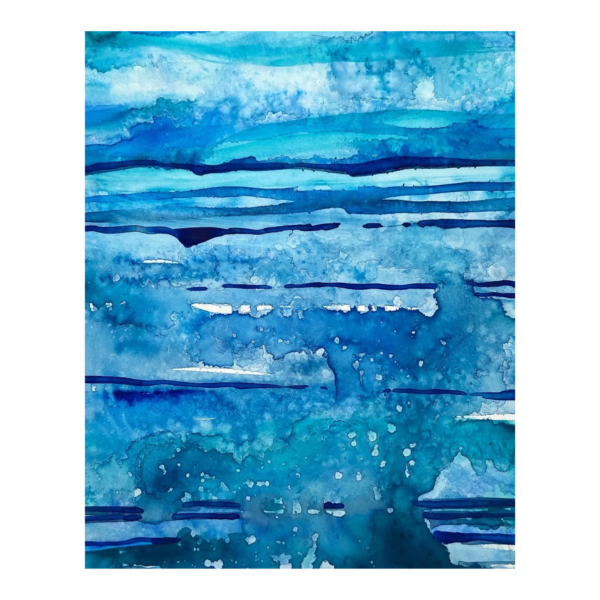 different shades of abstract horizontal blue watercolor lines on mineral paper