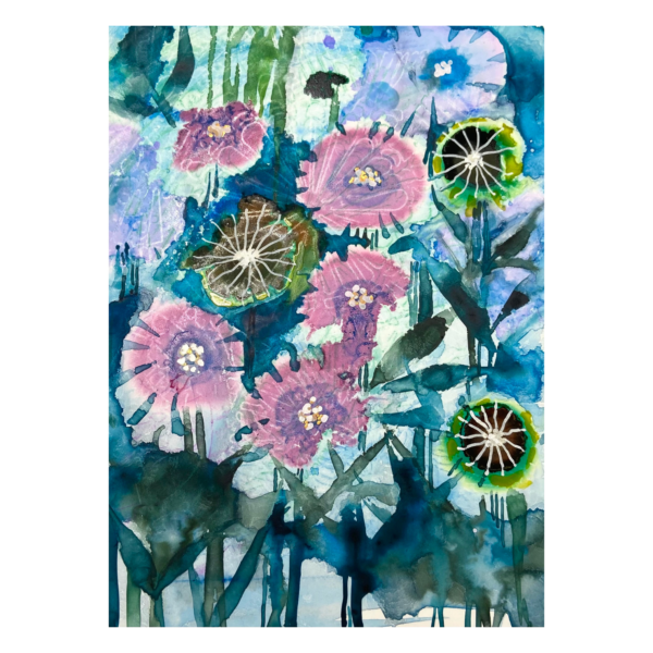 watercolor and mixed media flowers on mineral paper